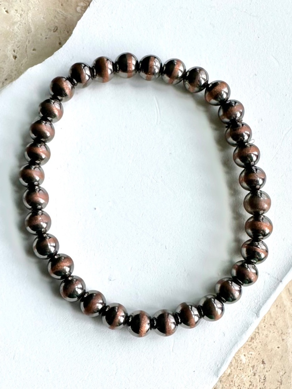 Real Copper Navajo Pearl Bead Stretch Bracelet 6mm – Oxidized Patina 18g